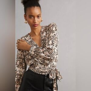 Anthropology Floral Wrap Blouse - Black and Cream